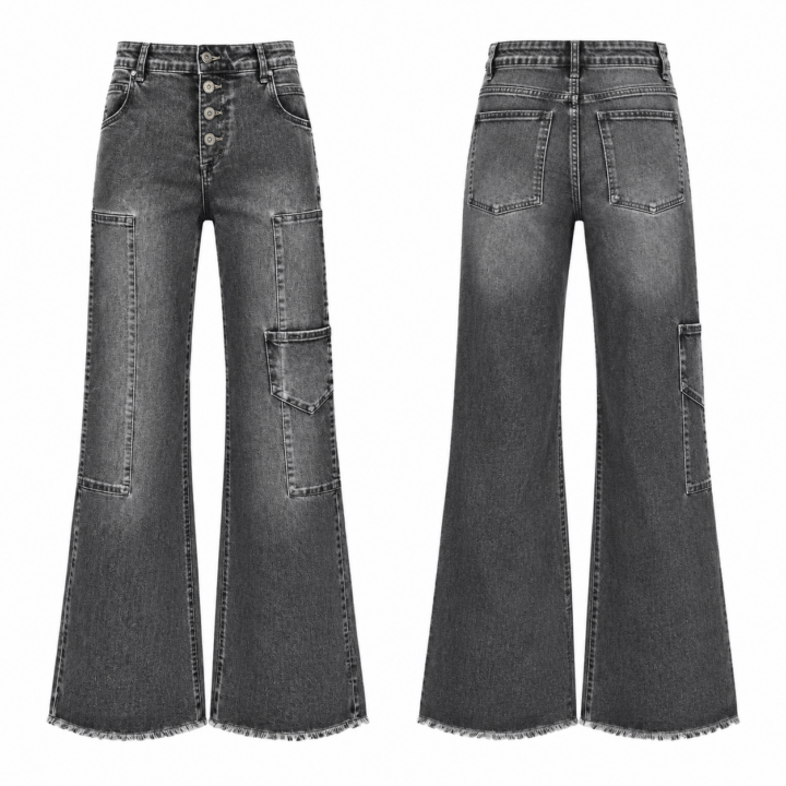 Black and White High-Rise Flare Jeans with Cargo Pocket