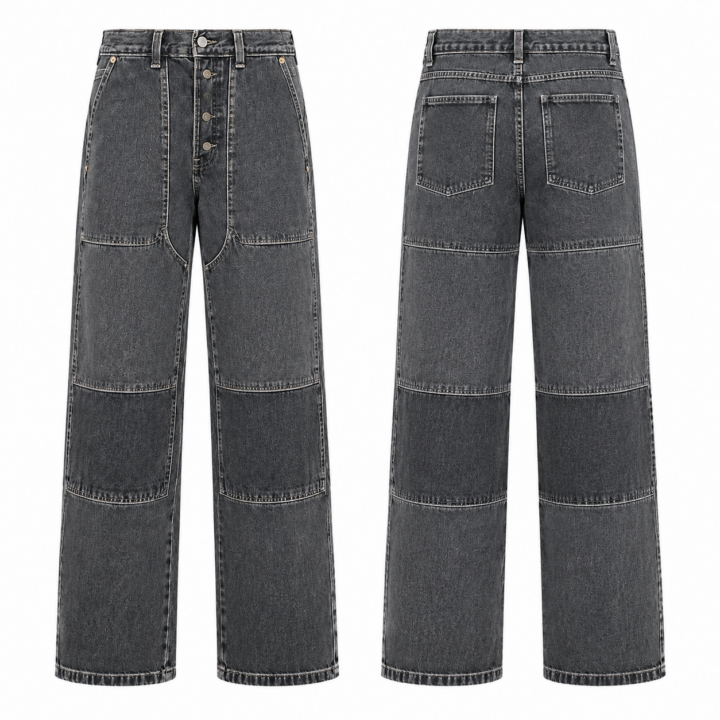 Gray and Black Wide-Leg Panel Jeans with Button Fly