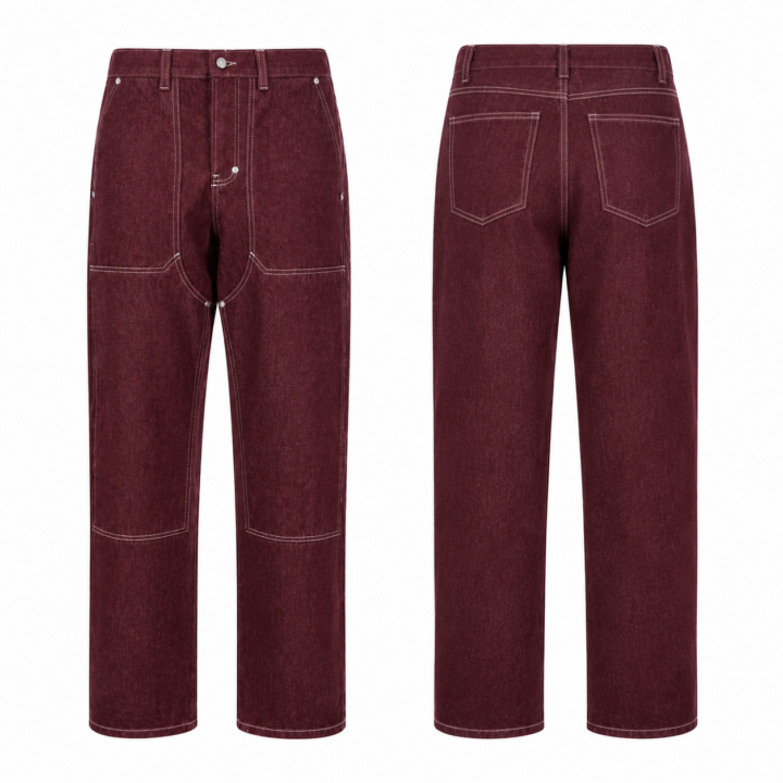 Burgundy and White Straight Leg Jeans with Contrast Stitching