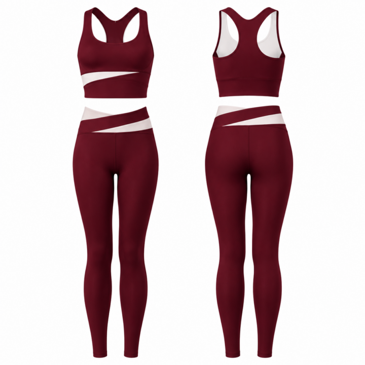 Burgundy and White Sports Bra and Leggings Set