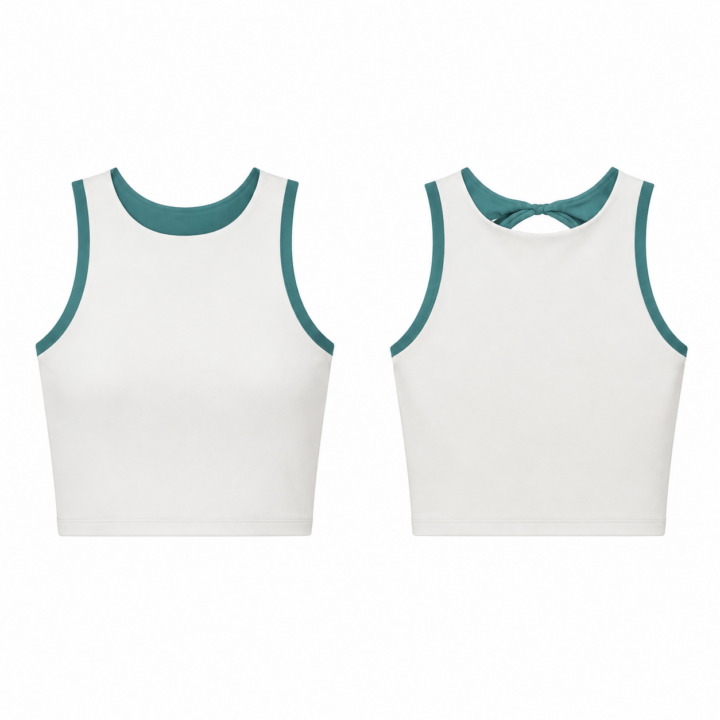 White and Teal Ribbed Knit Crop Tank Top with Back Twist Detail