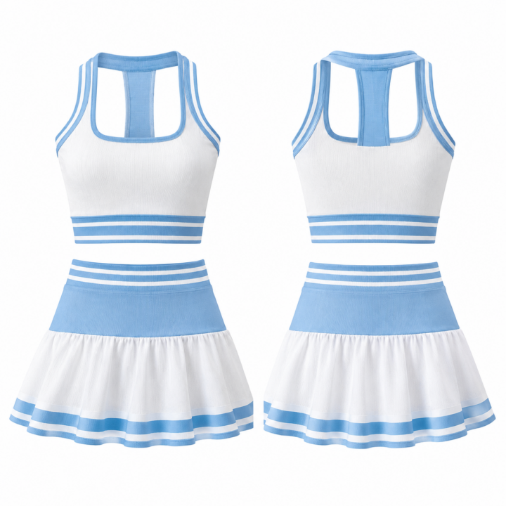 White and Sky Blue Ribbed Knit Crop Top and Mini Skirt Set