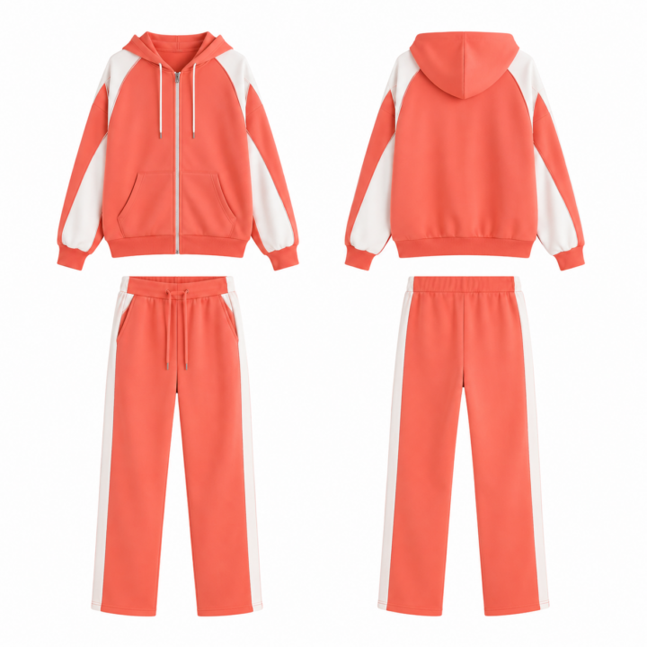 Coral and White Full-Zip Hoodie and Sweatpants Tracksuit Set