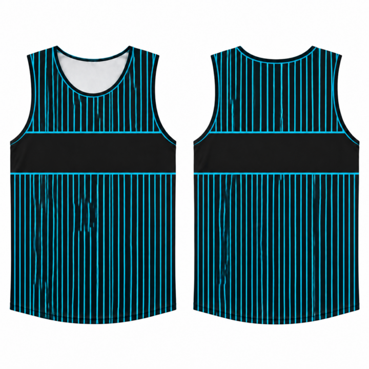 Cyan and Black Striped Tank Top with Scoop Neck and Piping Detail