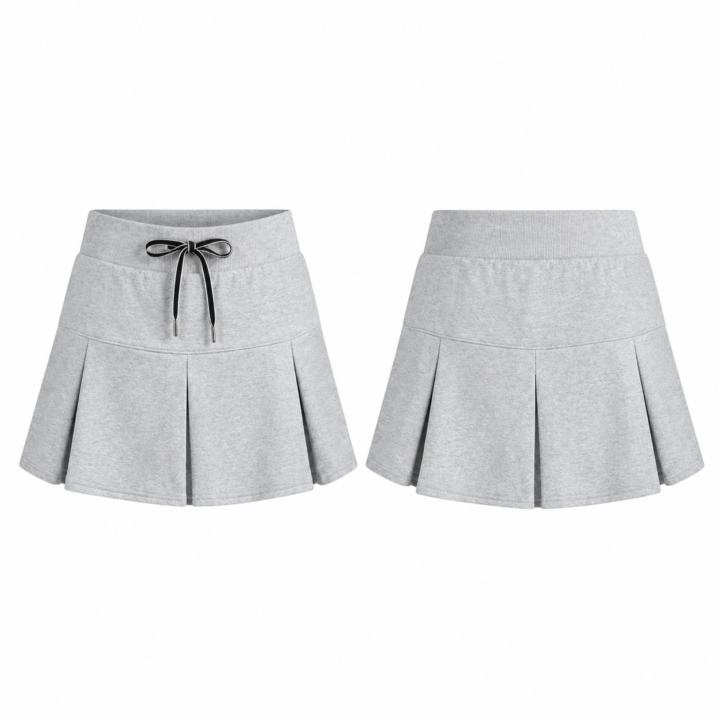Silver and Black Pleated Mini Skirt with Drawstring Waistband