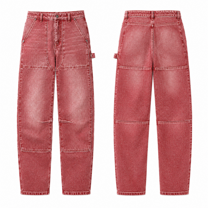 Red and White High-Rise Straight-Leg Paneled Jeans