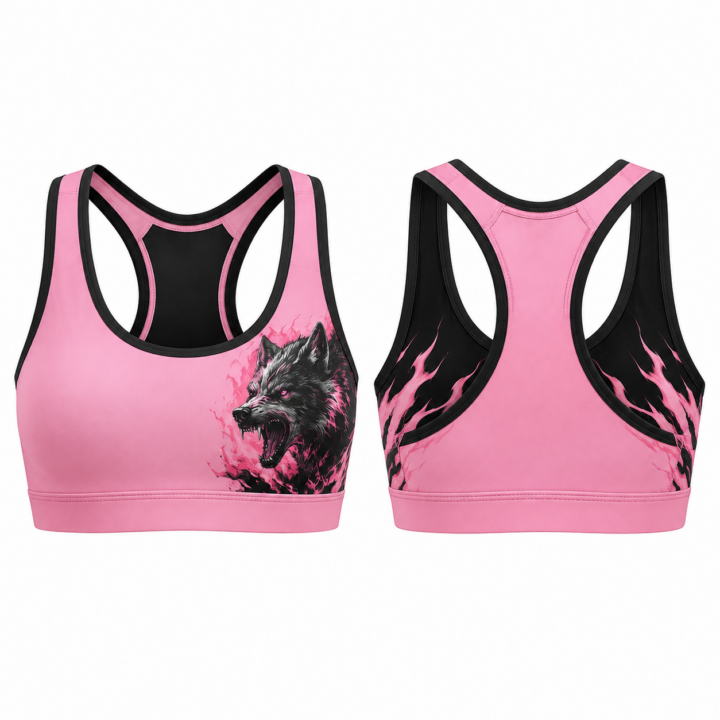 Pink and Black Graphic Print Sports Bra with Scoop Neck and Racerback