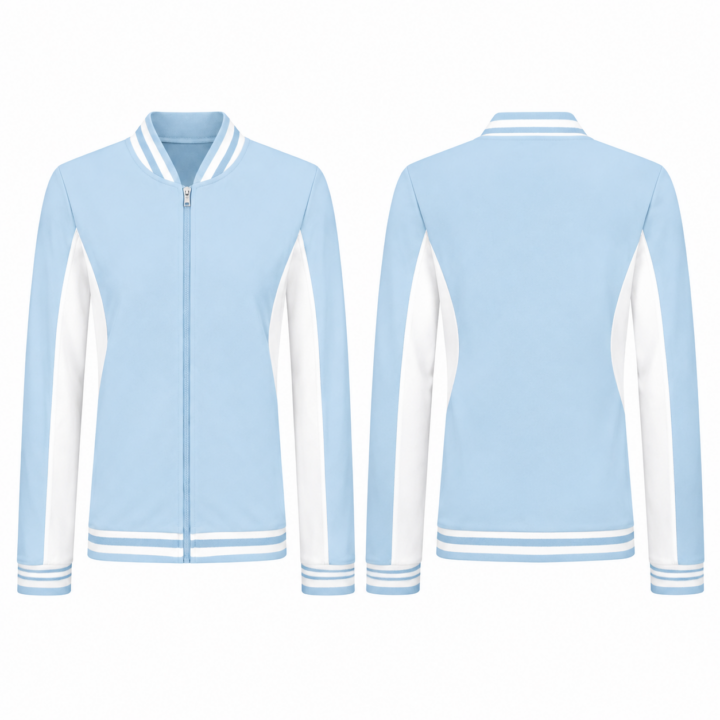 White and Sky Blue Color-Blocked Bomber Track Jacket with Zip Closure